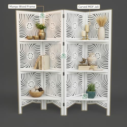 Image of Wooden Room Divider 6 Feet, 4-Panel Folding Wooden Partition for Living Room, Office, Pooja Room, Restaurant, Kitchen & Balcony (2W x 1.82H Meters). (White-Shelves)
