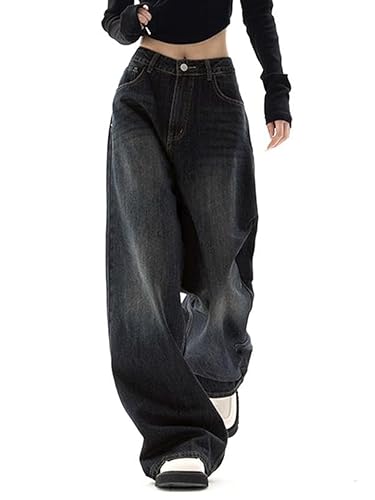EMMIOL Jeans for Women Wide Leg Baggy Jeans High Waist Y2K Cargo Pants Casual Loose Boyfriends Trousers Vintage Streetwear - 6-black - Small