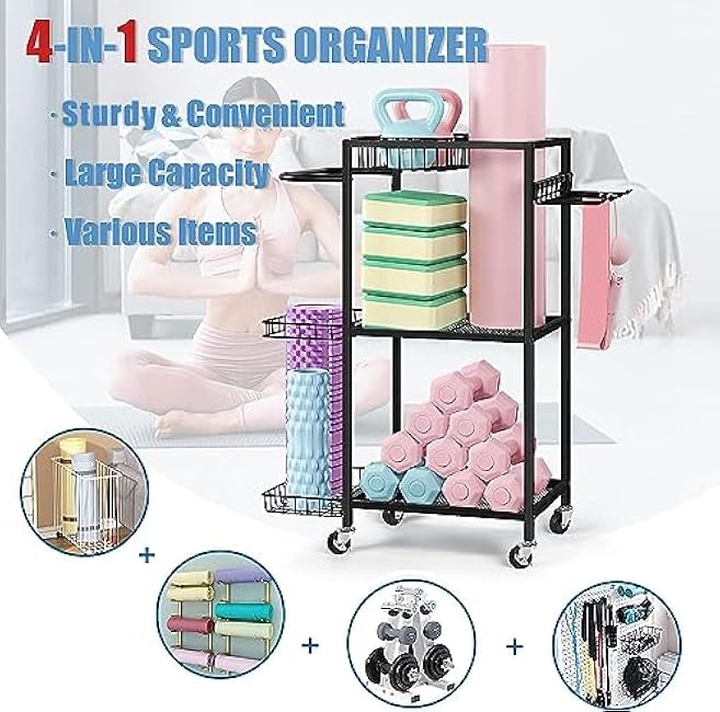 LIANTRAL Yoga Mat Storage Rack - Metal Gym Organizer for Yoga Mats, Foam Rollers & Fitness Equipment, Space Saving Workout Equipment Storage Rack for Home Exercise and Fitness Gear