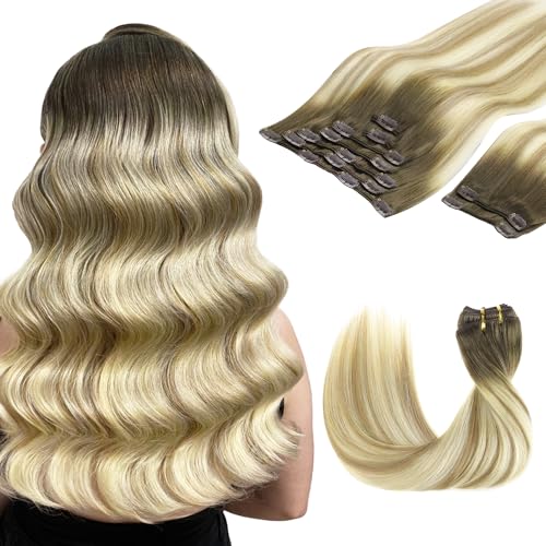 Image of GOO GOO Clip in Hair Extensions Real Human Hair, Remy Human Hair Extensions Clip ins for Women, Natural Human Hair, 14inch 150g 9Pcs, 5A /90 /16F Bahamian Balayage