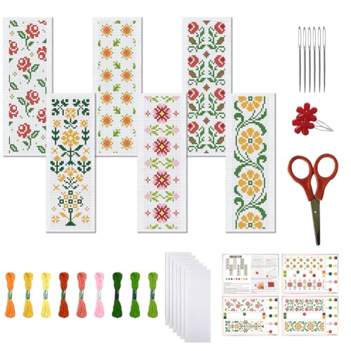 Image of FREEBLOSS 6 PCS Cross Stitch Bookmark Kits for Beginner Stamped Cross Stitch Kit DIY Embroidery Bookmark Kit with Instructions, Flower and Leaves Pattern 8 inch x 2.4 inch