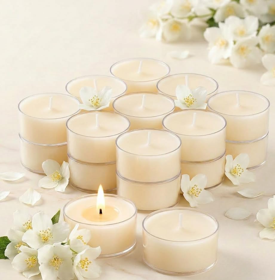 Jasmine Scented Tealight Candles 14 Pack 100% Pure Palm Wax 6-Hour Burn White Floral Aromatherapy Tea Lights for Halloween Christmas Decor Home Spa Clean Burn & Smokeless