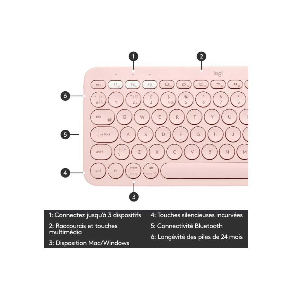 Logitech K380 Teclado Inalámbrico Multi-Dispositivo | para Windows/Apple/iOS/Android/Chrome, Disposición AZERTY Francés - Rosa