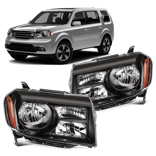 Headlight Assembly Compatible with 2012 2013 2014 2015 Honda Pilot Halogen Headlamp Replacement Driver and Passenger Side Black Housing Amber Reflector