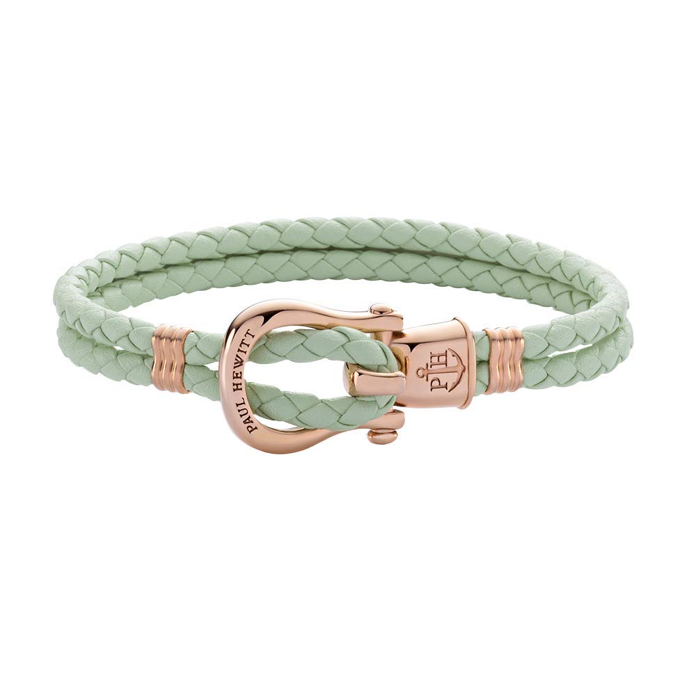 PAUL HEWITT Women's Shackle Bracelet PHINITY Leather in Mint and Shackle in Rose Gold Size XS to L