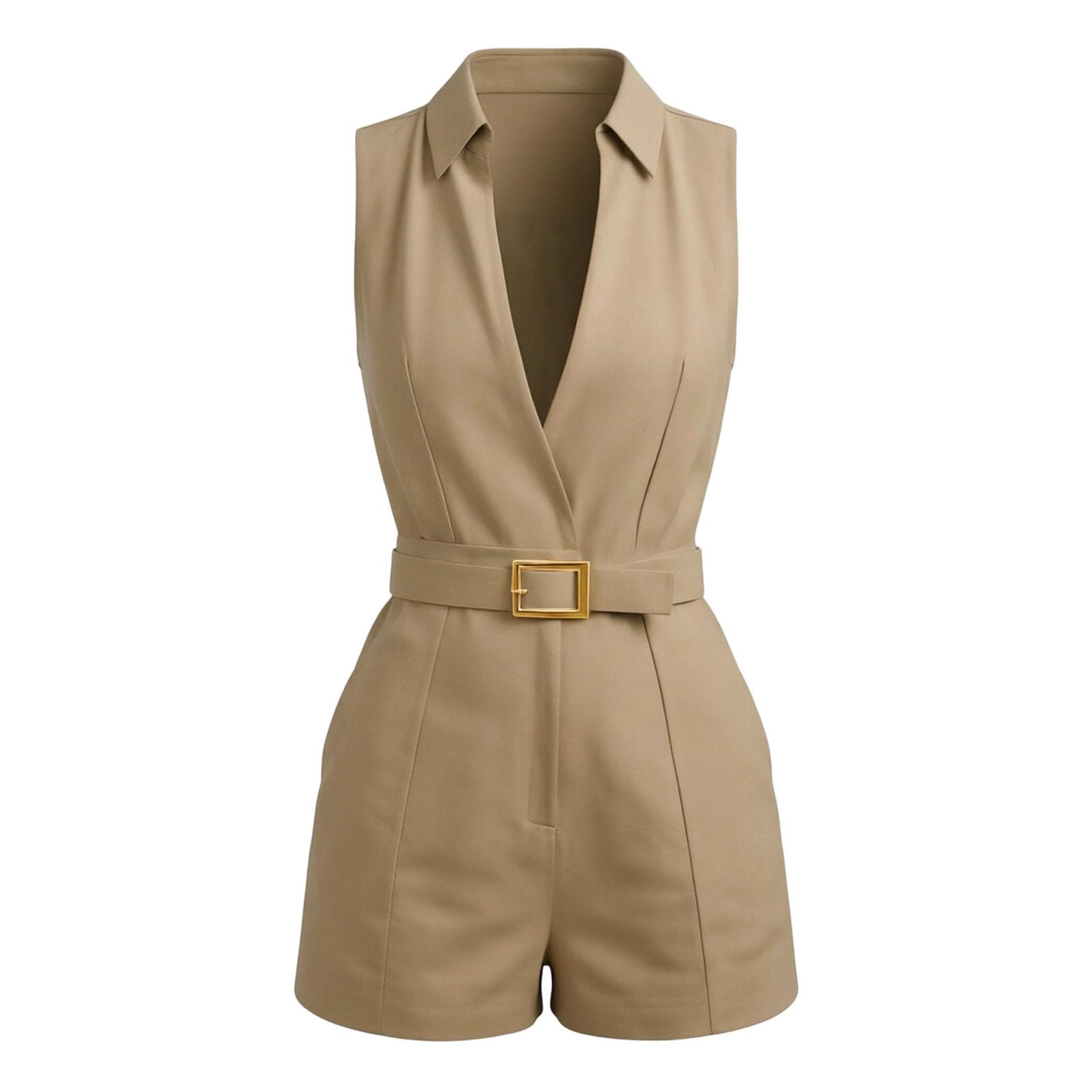 Générique Combinaison sans manches fluide avec ceinture pour femme, combishort élégant à col montant et poches, tenue décontractée chic pour l'été, coupe légère et moderne