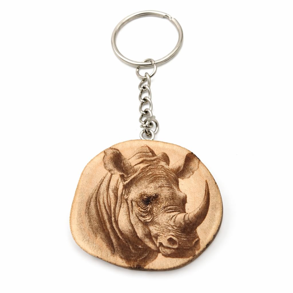 Promotech Rhino Handmade Laser Engraved Single Piece Wooden Keyring – Natural Wood, Unique Gift for Wildlife and Nature Lovers