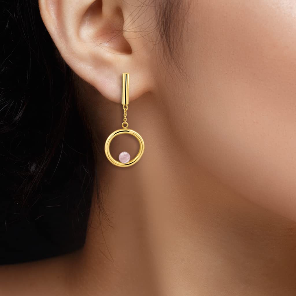Pendientes de Aro y Piedra de Cuarzo Chapados en Oro Vermeil- Diseño Artesanal (Medida aprox. 4 cm de largo. Piedra semipreciosa de Cuarzo de 6 mm)