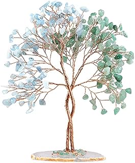 Nupuyai Green Aventurine & Aquamarine Twining Crystal Money Tree with Agate Slice Base, Love Stone Tree Ornament Fengshui Figurines for Home Office Wedding Decor