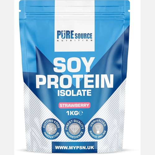 Pure Source Nutrition Soy Protein Isolate Powder 1kg (90% Protein) | Strawberry Flavour Vegan Protein Powder | High Protein Dairy Free Plant Based Supplement | Superfood Supergreens by PSN