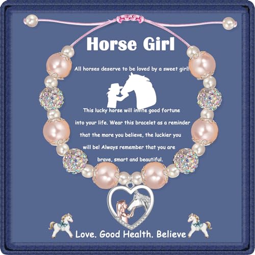 Horse Gifts for Girls, Pink Pearl and Rhinestone Horse Bracelet, Horse Girl Gifts, Horse Charm Jewelry, Birthday Christmas Gifts for Teen Girls Horse Lover Daughter Granddaughter Niece