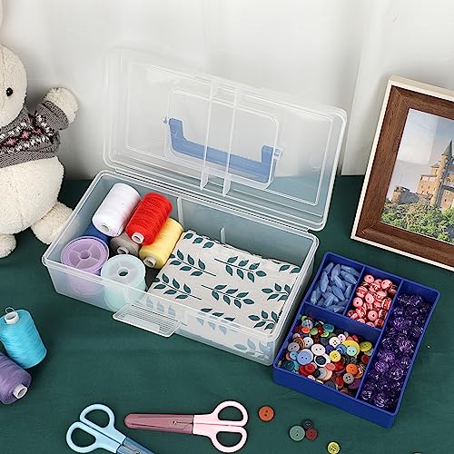 Image of BTSKY Clear Plastic Storage Box with Removable Tray Multipurpose Stationery Storage Box with Handle Handy Sewing Box Art Craft Supply Organizer Home Utility Box (Blue)