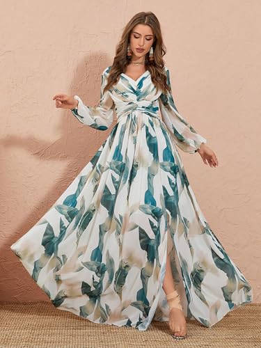Image of TOLEEN Summer Casual Dresses for Women 2024 Spring Fashion Boho V Neck Long Sleeve Ruffle Floral Print Elegant Maxi Dress