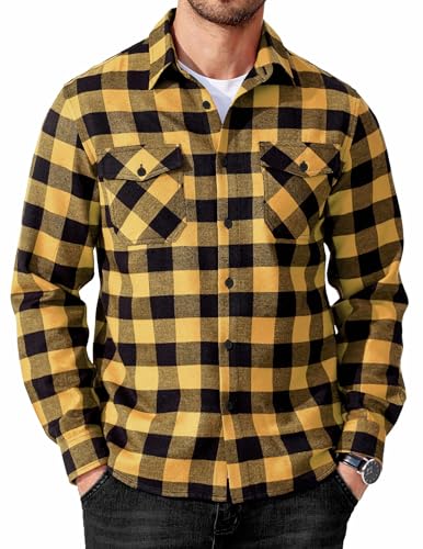 COOFANDY Flannel Shirt for Men Plaid Button Down Long Sleeve Shirts Soft Casual Tops with Two Chest Pockets Yellow