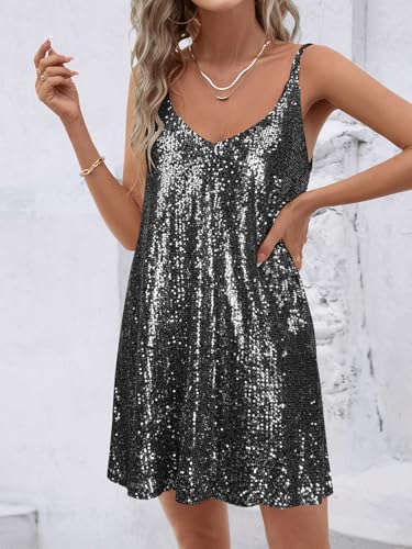 Image of MIYIEONZ Women Sequin Sexy V Neck Shift Dress Sparkly Glitter Sleeveless Short Flowy Loose Party Night Out Club Dress