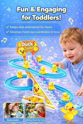 Image of WireScorts Duck Track Toys for Kids - Small Ducks Stair Climbing Toys for Kids, Escalator Toy with Lights and Music - 3 Duck Included - Duck Track Yellow