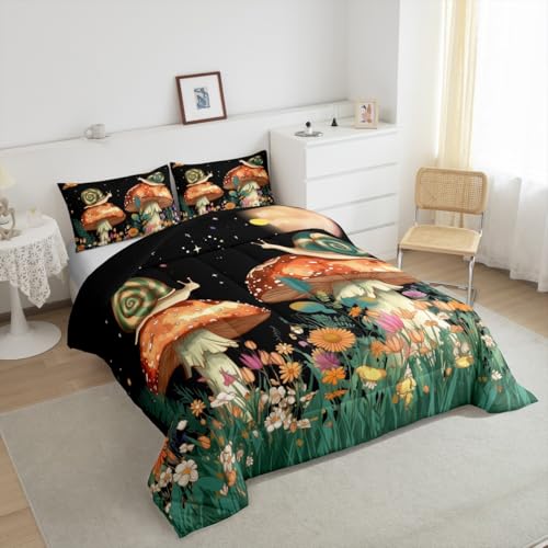 Image of Feelyou Mushroom Floral Botanical Comforter Set Twin Size Kids Boys Girls | Teens Butterfly Snail Nature Duvet Set Room Decor 2Pcs Warm Cozy Breathable Lightweight All Season