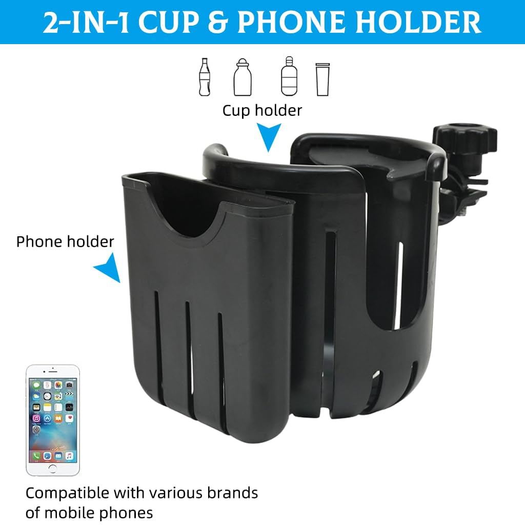 Safe-O-Kid Universal 2-in-1 Stroller Cup Holder with Phone Holder | Drink & Mobile Holder for Stroller, Bike, Walker & Wheelchair | Black 2