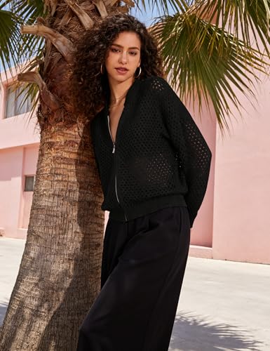 Image of HOCANDY Womens Zip Up Crochet Cardigan Sweater Oversized Long Sleeve Hollow Out Knit Bomber Jacket Fishnet Sweaters