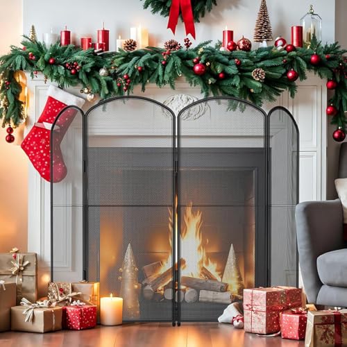 Pantalla de chimenea de 4 paneles de metal negro plegable 3