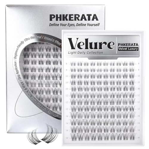 PHKERATA Velure Lash Clusters Natural Cluster Eyelash Extensions Wispy Individual Lashes Clusters DIY Ultra-Light Lash Extensions Soft C Curly Eye Lashes with Invisible Thin Band 8-16mm 120Pcs
