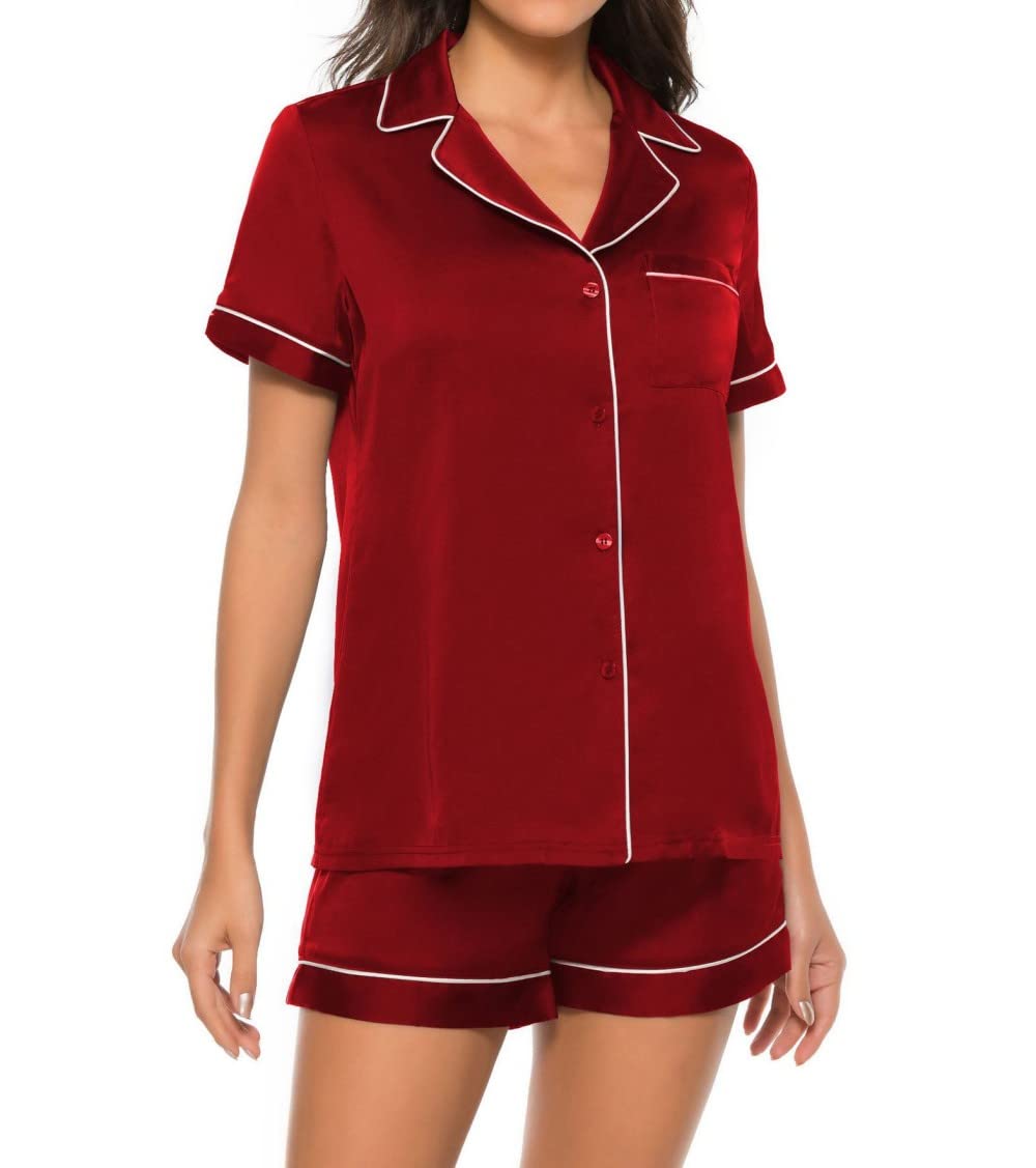 Pijama De Mujer Manga Corta,Solapa Simple Roja Pijama De Manga Corta Para Mujer Conjunto De 2 Piezas Pijama Suave Y Cómodo Para Mujer Ropa De Descanso Regalo Del Día De La Madre Para Esposa Novia