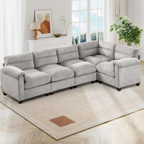 HAOMARKETS 115” Wide Modern Modular Sectional L Shaped Corner Sofa Couch, Oversized Corduroy 5-Seater Couches with Thick Cushion & Rolled Arm for Living Room, Grey