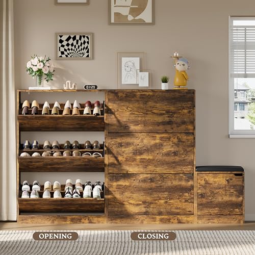 Image of BORNOON Shoe Cabinet with Bench and 3 Flip Drawers, Slim Narrow Shoe Storage Cabinet, Freestanding Shoe Rack Organizer with Adjustable & Removable Shelves, Anti-Tip for Entryway, Hallway, Foyer