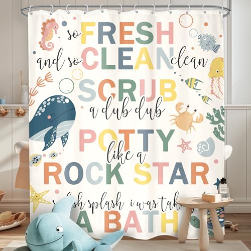 LGhtyro Kids Ocean Quotes Shower Curtain Bathroom Set 60Wx71H Inches Funny Bathroom Rules Cartoon Cute Sealife Animals Inspirational Words Bath Accessories Colorful Art Home Decor Fabric 12 Pack Hooks