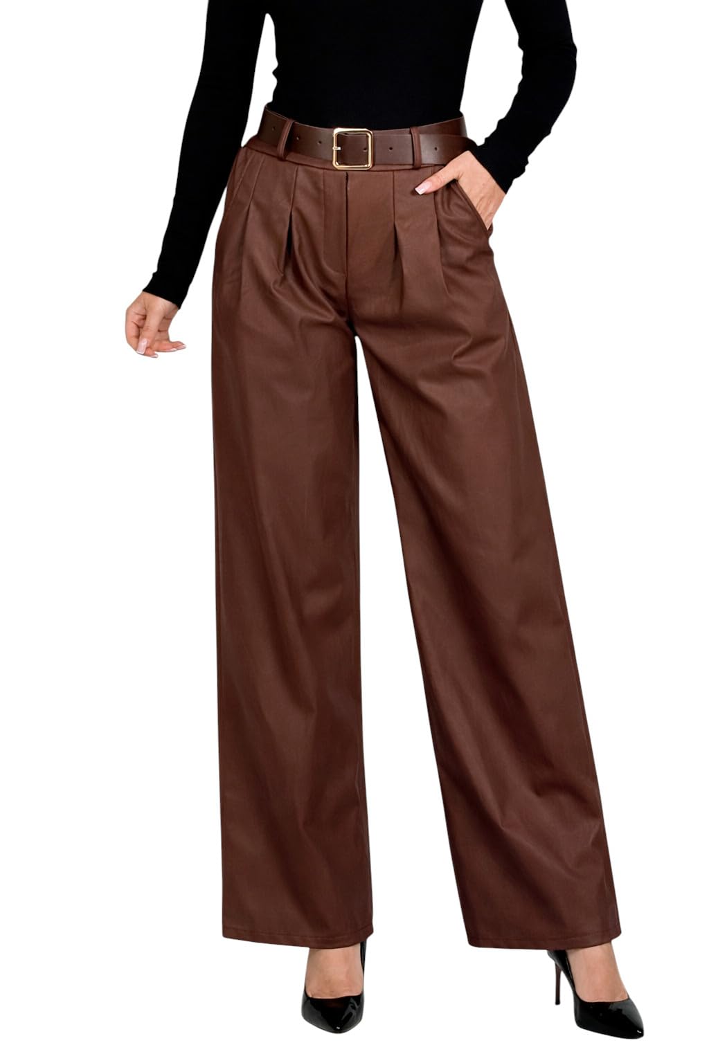 Mississhop Pantalon pour femme en cuir synthétique avec ceinture