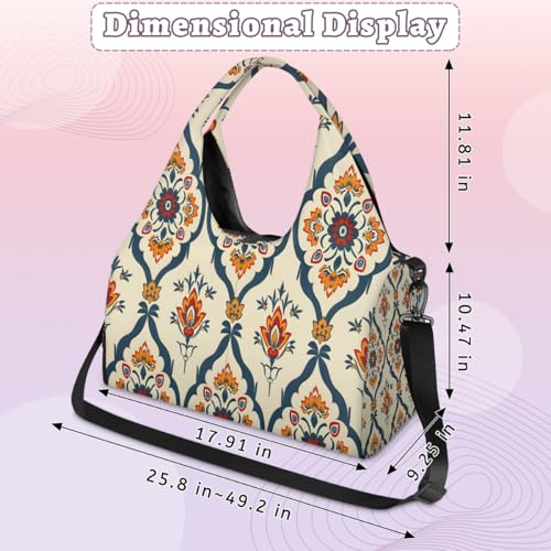 Yoga Bag for Women，Waterproof Polyester Gym Bag Detachable Strap,Shoe Pocket，Double Zipper,Beige Crushed Flower Duffel Bags2