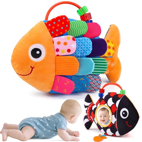 Baby Sensory Tummy Time Toys 0-6 Months Music Fish Toy for Newborn 3 4 5 6 Month Old Black and White High Contrast Infant Toys with Mirror Crinkle Rattle for 3-6 6-12 Months Baby Boy Girl Shower Gifts