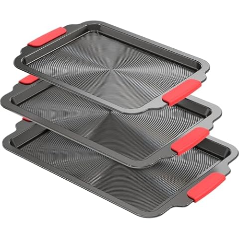 Bazova 3-Piece Baking Sheet Set with Circle Grooves,Nonstick Cookie Sheets/Baking Trays for Baking & Roasting,Heavy Duty Bakeware with Half/Quarter/Jelly Roll Pans,PFAS/PTFE Free,Gray with Red Grips Cover