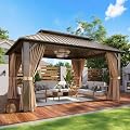 Aoxun 12' x 16' Hardtop Gazebo, Aluminum Outdoor Gazebos with Galvanized Steel Double Roof, Permanent Metal Pavilion Pergola with Curtain and Netting for Patio, Lawn,Deck,Backyard,Wedding (Brown)