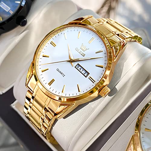 Image of OLEVS Mens Gold Watches Waterproof Stainless Steel Lightweight Watch with Date Classic Luxury Dress Watch for Men Gold White Blue Green Dial