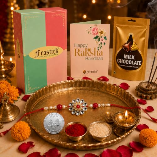 Image of Frostick Designer Rakhi With Branded Chocolate for Bhaiya /Bhai /Brother With Greeting Card, Tilak Chawal and Silver coin (Random Design Rakhi)