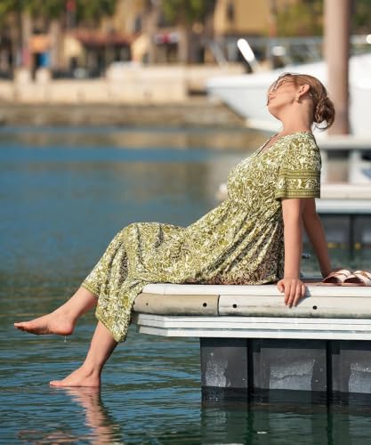 Image of TIYOMI Women Plus Size Dress Boho V Neck Short Sleeve Beach Maxi Dresses Floral /Stripe /Leaves /Lemon XL-5XL