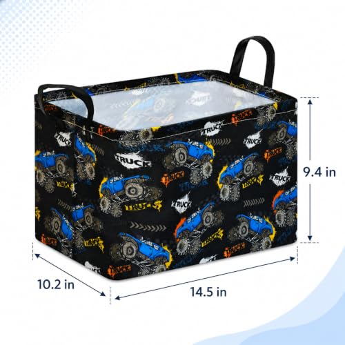 Image of Rectangular Monster Truck Storage Basket for Boys, Basket Trucks Toy Storage Bin with Handles, Collapsible Organizer Basket for Kids Bedroom, Playroom and Clothes Storage