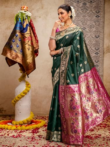 Image of SIRIL Women's Paithani jacquard Silk Saree |Chandrakor Paithani jacquard Saree With Unstitched Blouse Piece