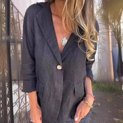 Cotton and Linen Casual Lapel Single-Button Thin Coat, Linen Blazer Women3