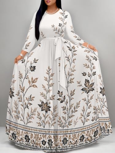 Image of Women Plus Size Long Sleeve V Neck Maxi Dress with Belt | Soft fabric relaxed fit three quarter sleeve v neck with pockets for party and daily wear