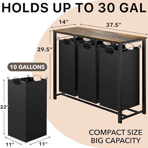 Simple Houseware 3-Section Laundry Sorter w/Tabletop Shelf, Rustic Brown - Image 3