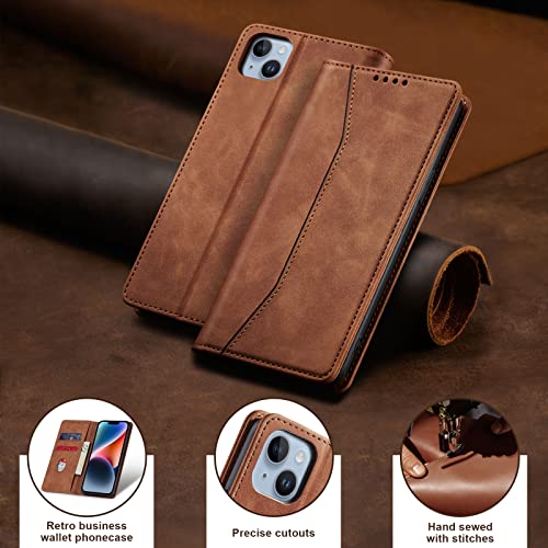 Image of Jasonyu Flip Wallet Case for iPhone 14 5G,Leather Magnetic Folio Cover with Card Holder,Kickstand - TPU Shockproof Durable Protective Phone Case,Brown