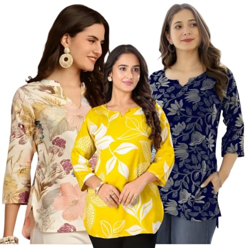 Image of Women's Printed Short Kurti Tops Rayon Cotton Blend Tunic Combo