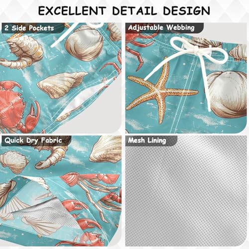 Pigsaly Boys Swim Trunks Crabs Starfish Seashells Turquoise Boys Board Shorts Swimsuit Swimwear Summer Bathing Suit 5T3
