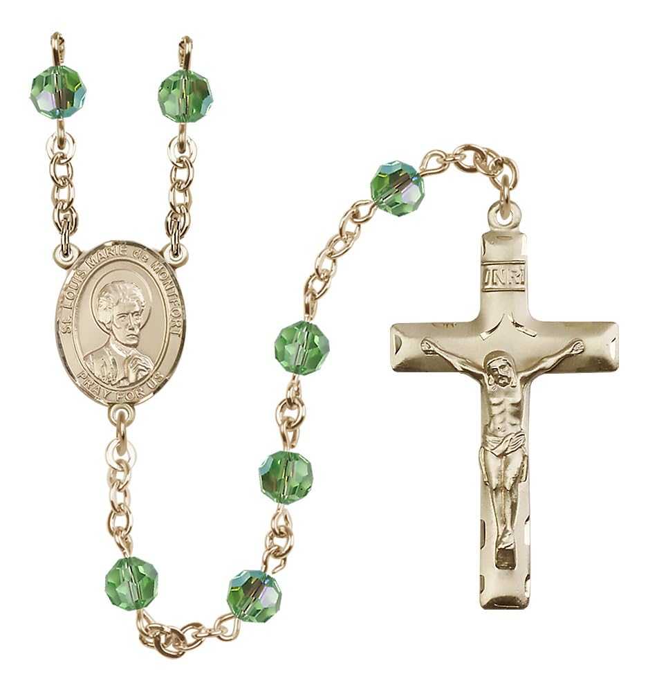 14k Gold 6mm Austrian Crystal Saint Louis Marie de Montfort Rosary in August Green