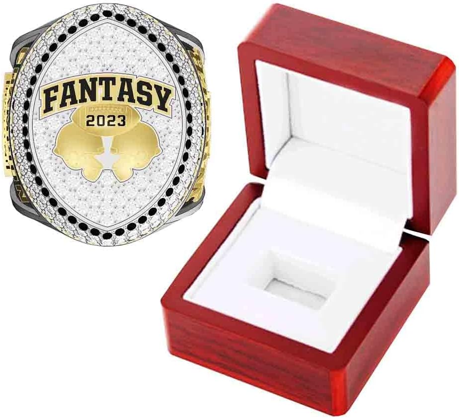 2023 Fantasy Football Championship Ring Stand Included - Gold or Silver | FFL Champion Ring With Many Bright Clear & Black Stones - Sizes 8 – 14