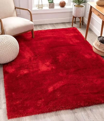 Image of Premium Microfiber Soft Red Shag Rug 8x8 Feet Round Featuring Dense Fluffy Texture, Anti Skid Support and Durable Handmade Quality for Living Room, Bedroom and Hallway