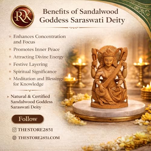 Image of RDK Saraswati MATA Chandan Murti - 4 inches Handcrafted Sandalwood Idol for Pooja, Home Temple & Study Room - for Spiritual & Religious Use Only