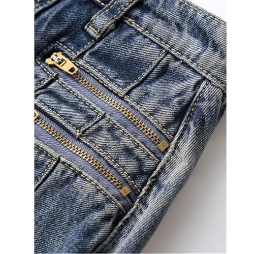 Women's Vintage Pleated Skirt Mid Length Zipper Denim High Waisted Long Casual Skirts 5